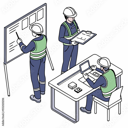 Isometric vector of engineers and technicians meeting for machine maintenance planning, process improvement, and technical workflow discussion in conference room