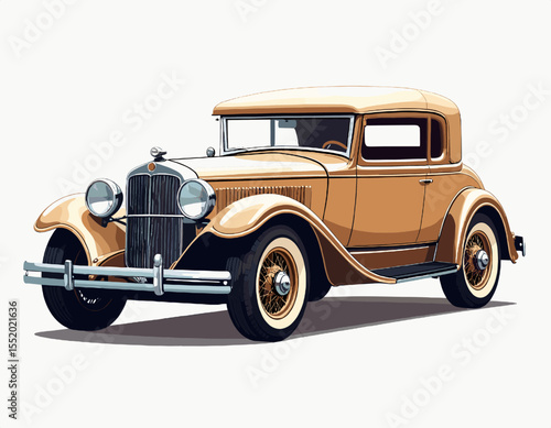 Vintage Beige Coupe Car in Digital Pixel Art Style with Detailed Chrome Elements on White Background