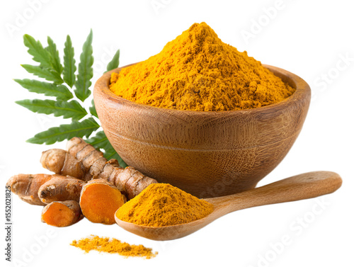 Turmeric Powder in Wooden Bowl with Fresh Turmeric Roots and Leaf on Transparent Background