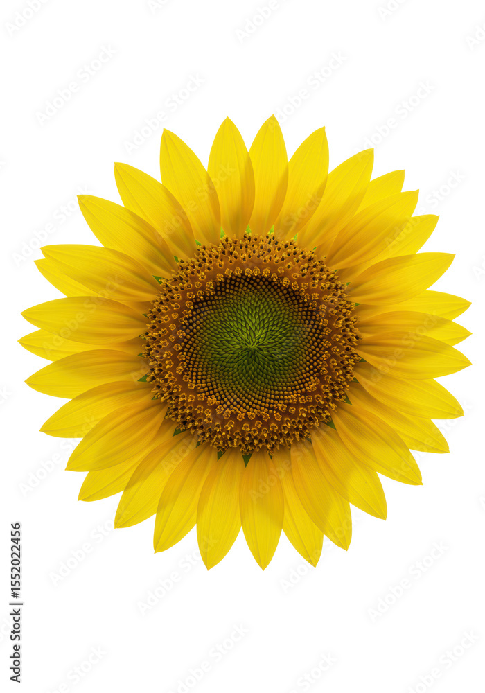 Fototapeta premium Pristine sunflower with vibrant yellow petals and deep green central disc with intricate Fibonacci spiral, isolated on a transparent studio background with ample copy space, high-angle macro view,