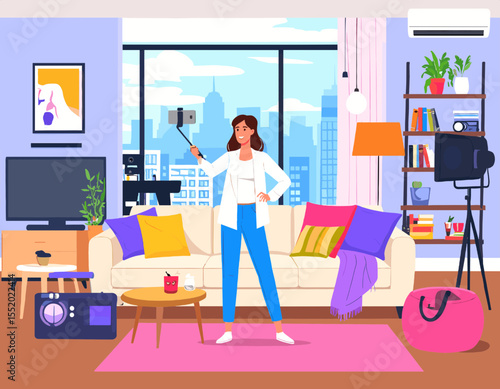 Woman Vlogging in Sunny Living Room with Cityscape Backdrop Light Blue Walls Sofa Colorful Pillows TV Set and Minimalist Furniture