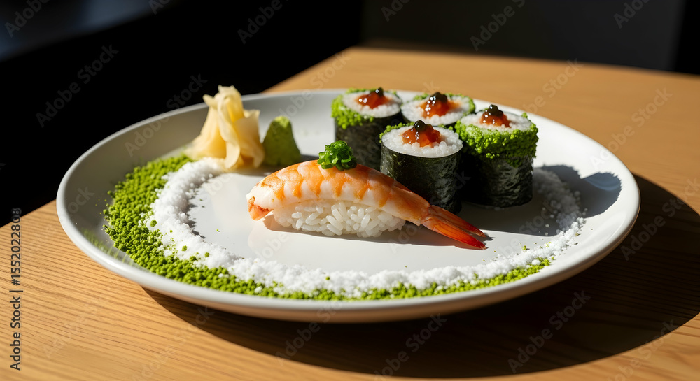 Delicious Sushi Set With Shrimp And Rolls Served On Beautiful Plate Delicious Sushi Set With Shrimp And Rolls Served On Beautiful Plate