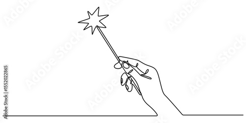 magic wand with hand continuous one line drawing, Single one line drawing hand holding magic wand. Decorative magic wand with magic trace. Star shape magic accessory design graphic vector illustration