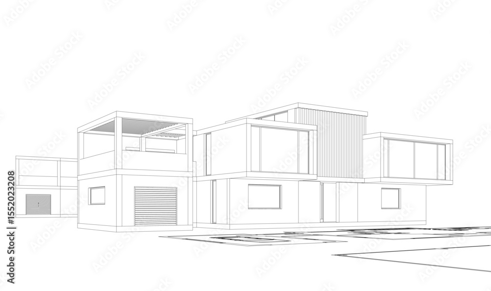 Modern house building sketch architectural 3d rendering Modern house building sketch architectural 3d rendering