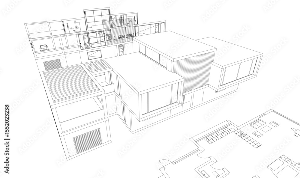 Modern house building sketch architectural 3d rendering Modern house building sketch architectural 3d rendering