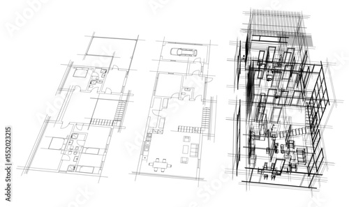 Modern house building sketch architectural 3d rendering