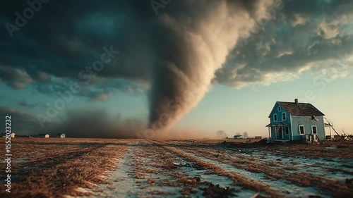 Powerful tornado rips through rural landscape endangering a lone house and vast fields