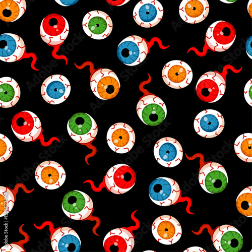 Halloween zombie eye seamless pattern. Vector monster crazy color eyeballs on black background. Fun Halloween print, creepy texture for textile, wrapping paper, decoration, fabric.