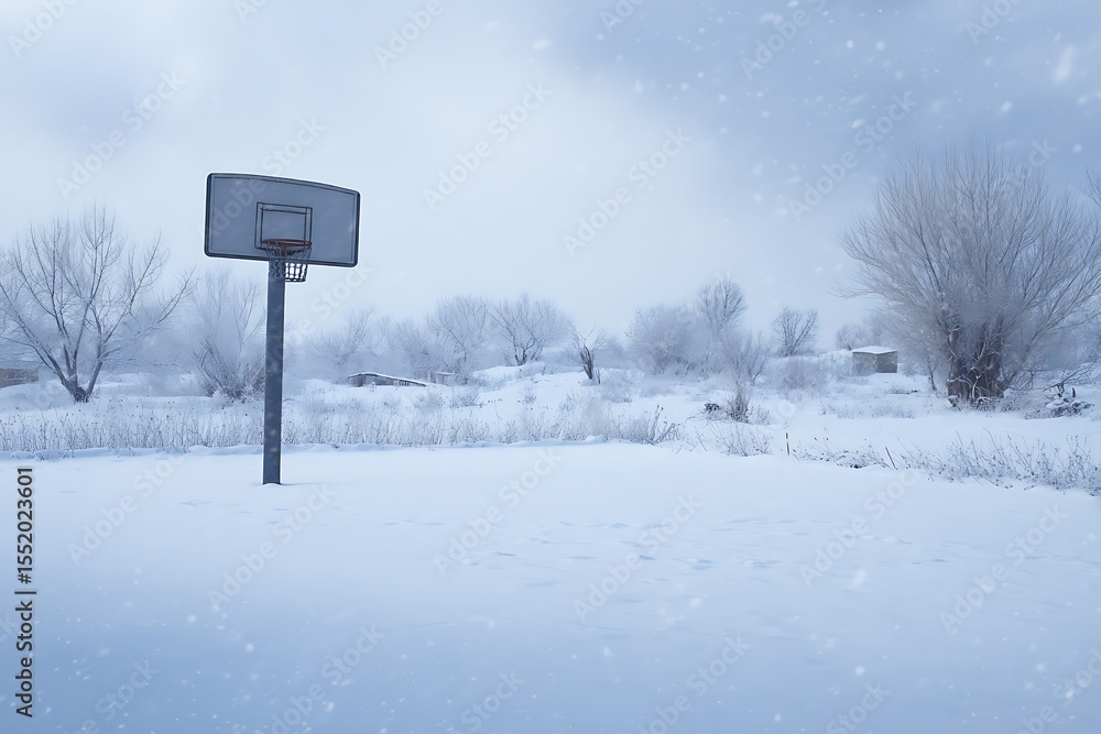 Naklejka premium Frozen basketball court in winter
