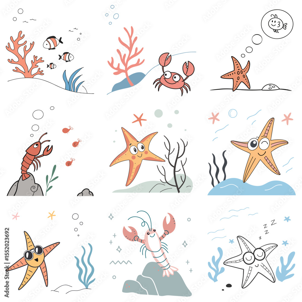 Obraz premium Cartoon sea creatures in colorful underwater illustrations 