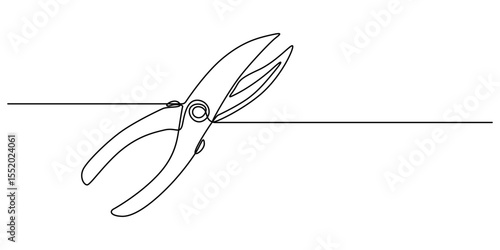 Continuous one line drawing of secateurs plant equipment. Plant scissors in single line draw Vector Illustration, Editable Stroke,  cutting plier in silhouette sketch, line art pliers vector concept.