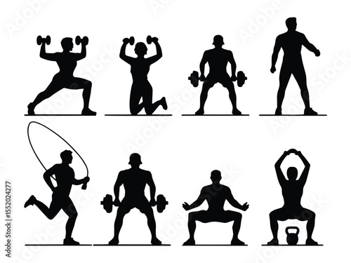 Fitness and Gym Silhouette Vector Set, Black and White Workout Poses and Exercise Illustrations