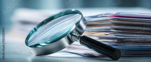 The magnifying glass placed on a stack of papers for detailed examination.