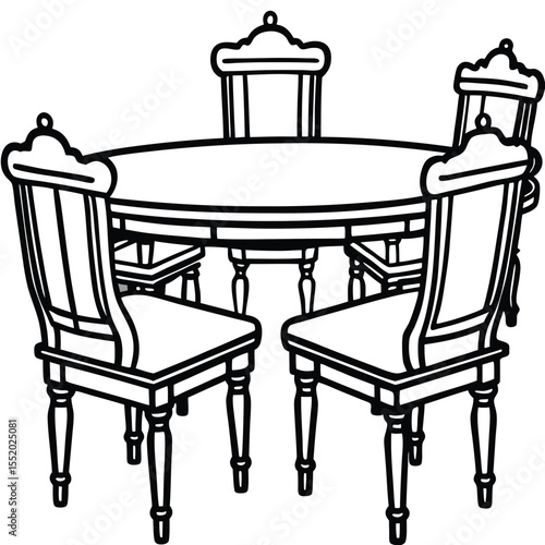 Classic oval dining table with four upholstered chairs in a simple line drawing illustration for interior design concepts