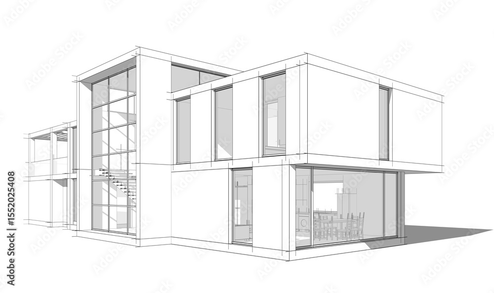 Modern house building sketch architectural 3d rendering Modern house building sketch architectural 3d rendering