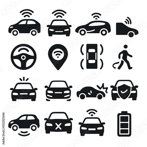 Black Silhouette Icons Depicting Autonomous Vehicles and Related Technologies