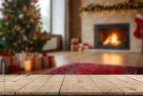 Empty wooden surface and blurred view of room decorated for Christmas