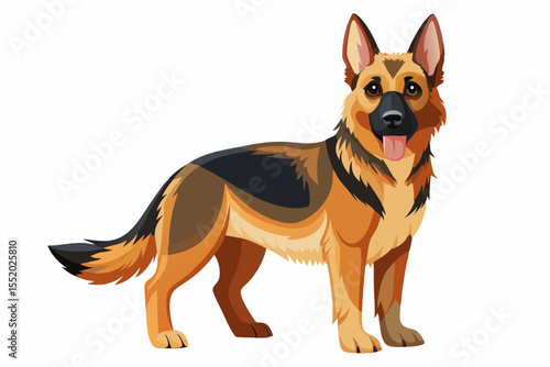 High-quality cartoon illustration of a German Shepherd dog sitting obediently with a friendly expression. Ideal for pet-related designs, educational materials, veterinary branding, dog training conten