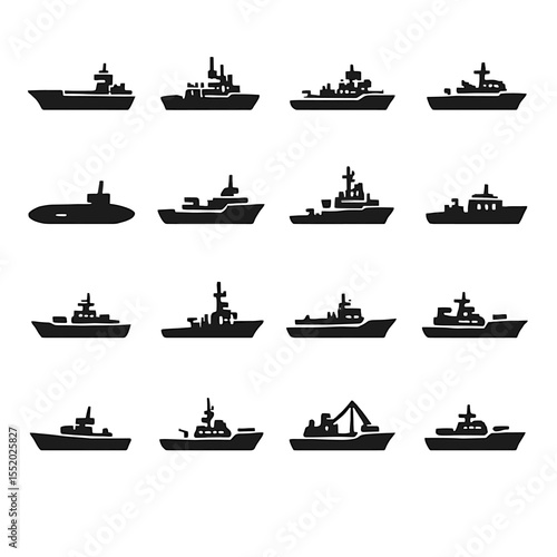 Collection of Sixteen Diverse Warship Silhouettes