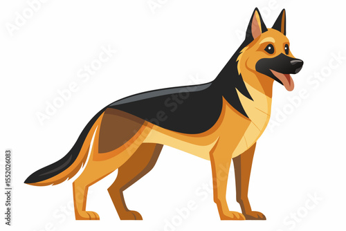 High-quality cartoon illustration of a German Shepherd dog sitting obediently with a friendly expression. Ideal for pet-related designs, educational materials, veterinary branding, dog training conten