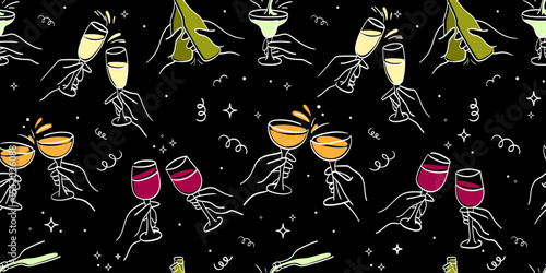 Seamless vector pattern with colorful wine glasses, champagne bottles, cocktails, and hands toasting, drawn in minimalist line art, ideal for party decor, packaging, festive designs.Clinking Glasses