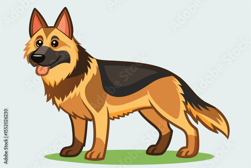High-quality cartoon illustration of a German Shepherd dog sitting obediently with a friendly expression. Ideal for pet-related designs, educational materials, veterinary branding, dog training conten