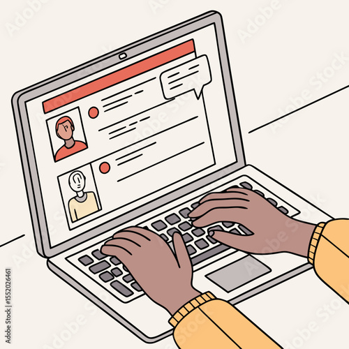 Hands typing on a laptop with team collaboration software visible