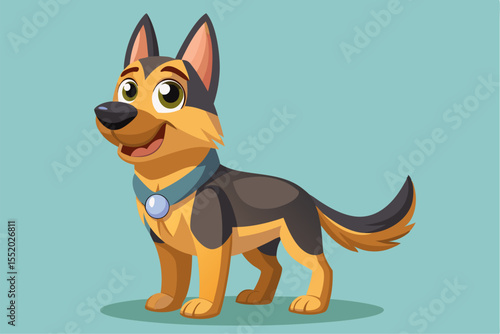 High-quality cartoon illustration of a German Shepherd dog sitting obediently with a friendly expression. Ideal for pet-related designs, educational materials, veterinary branding, dog training conten