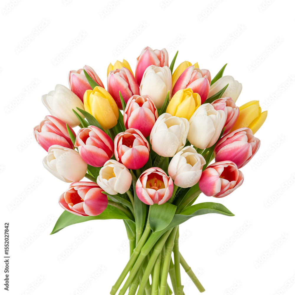 Fototapeta premium A vibrant bouquet of tulips in various colors including pink, white, and yellow. The flowers are arranged with green leaves, set against a transparent background.