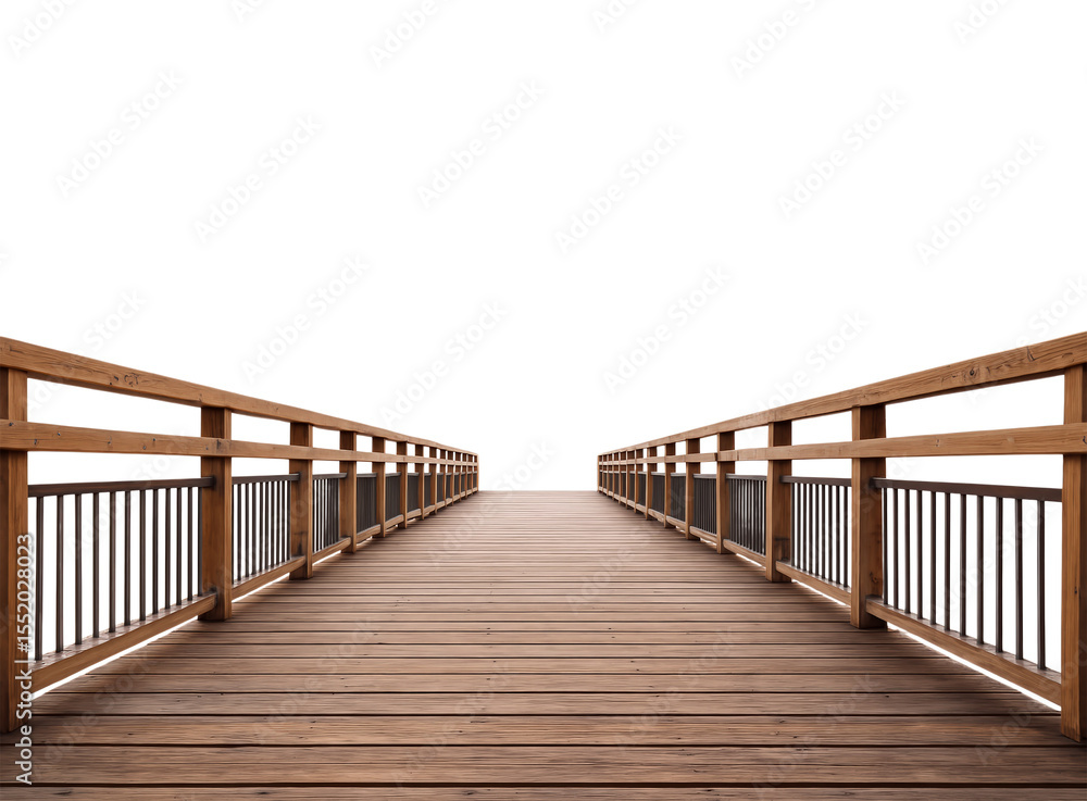 Fototapeta premium Serene Wooden Pier Leading Into an Ethereal White Horizon, Perfect for Symbolizing Journey and Reflection, Isolated on Transparent and White Background