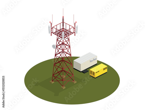 Cellular communication base station. 3G, 4G, LTE, 5G, base station with tower, antennas, shelter, diesel generator. Isometric style vector