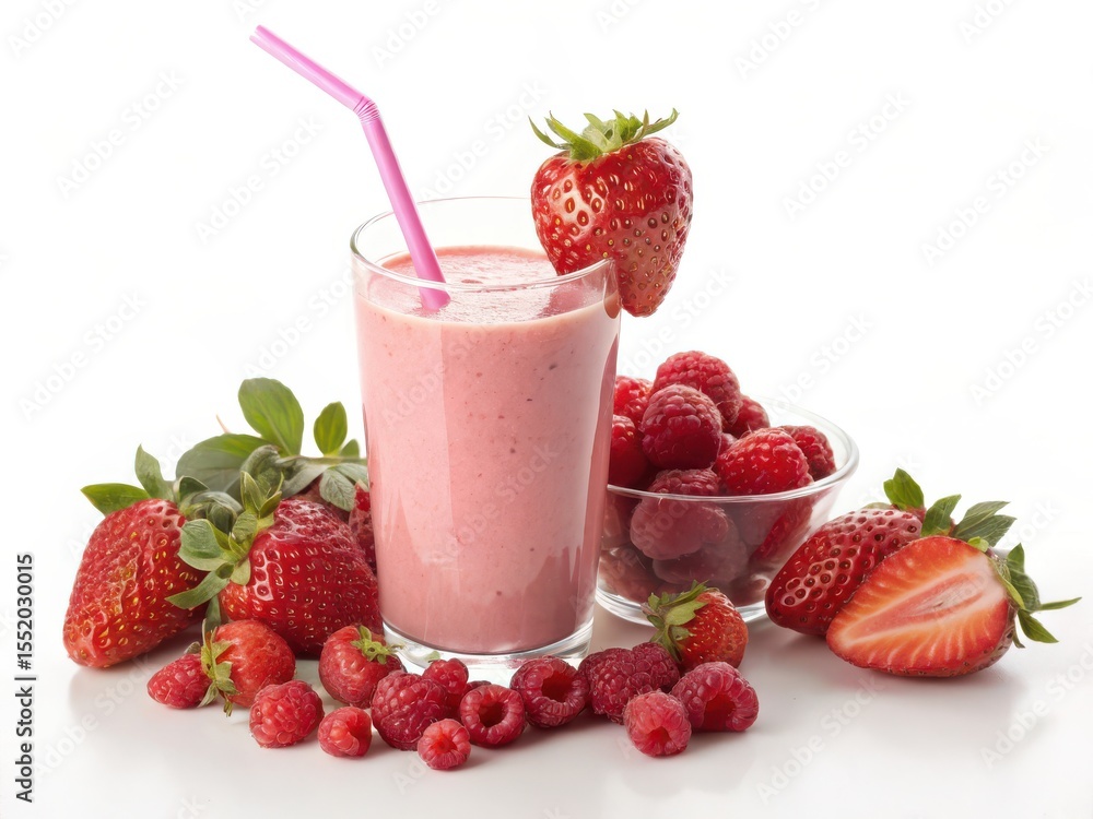 Delicious strawberry and raspberry smoothie refreshing healthy drink with fresh berries arrangement Delicious strawberry and raspberry smoothie refreshing healthy drink with fresh berries arrangement