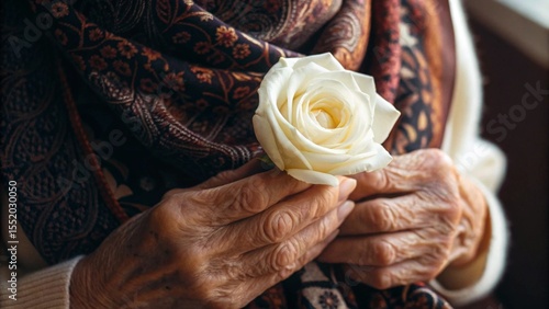 Elderly hands gently holding a white rose against a patterned silk scarf