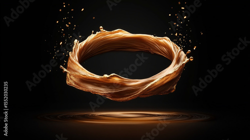 Abstract splash of golden liquid swirling in mid-air, creating dynamic shapes and textures, illuminated against a dark background, showcasing fluid motion and artistic expression