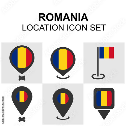 Free Download Location pin icons with the Romanian flag in multiple styles. Perfect for maps, educational content, and Eastern European travel themes. - GFXLoad
