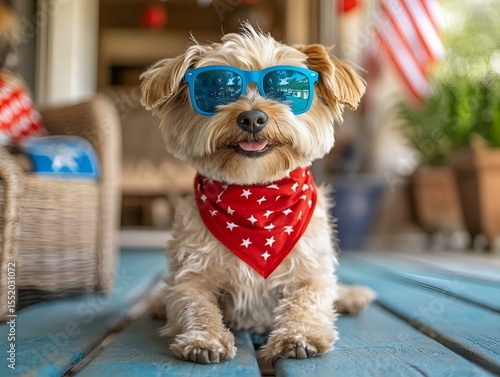 patriotic dog wearing red bandana and blue sunglasses – cute holiday pet on porch with decorations