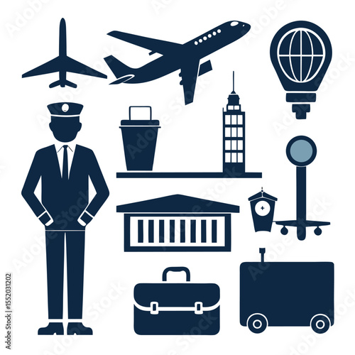 Airport Operations and Aviation Solid Icon Set isolated on white background