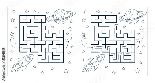 Printable space maze with solution – black and white rocket maze to planet, kids coloring puzzle with answer path, vector line art