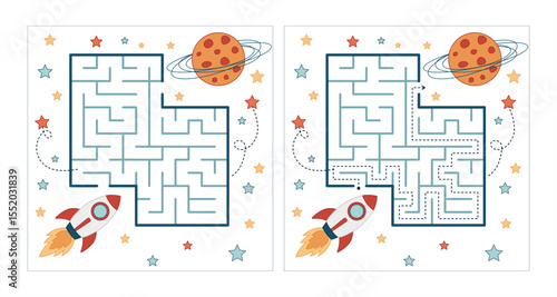 Space maze with solution – fun cartoon rocket maze to planet, flat vector game for kids with answer path included