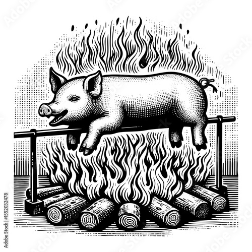 Roasting pig sketch engraving black and white outline. Scratch board imitation.  illustrated in vintage line art style on a white background.