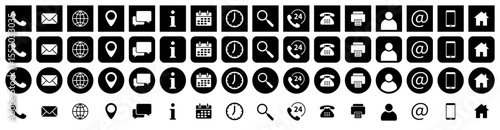 Set of contact icons. Phone, fax, mail, location pin and website. Search, support, info, calendar and clock. Schedule and working hours. Set of black round and square icons.