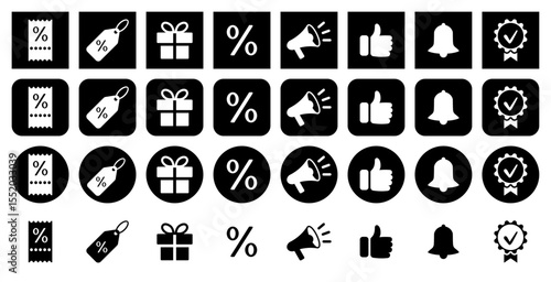Set of marketing icons. Announcement, like, subscribe, bell, and quality sign. Set of black round and square icons. Promotion, sale. Discount voucher, label, percent, gift.