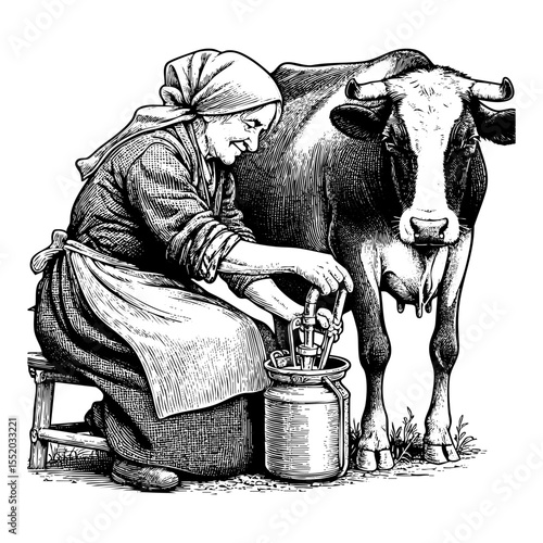 Old woman milking cow sketch engraving black and white outline. Scratch board imitation.  illustrated in vintage line art style on a white background.