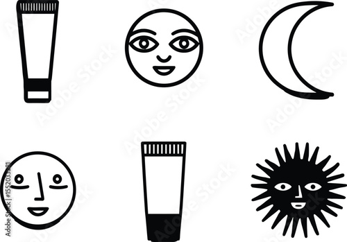 Monochrome Skincare and Wellness Icon Set – Black and White Illustrations of Cream Tubes, Sun, Moon, and Face for Day and Night Beauty Routines and Self-Care Designs