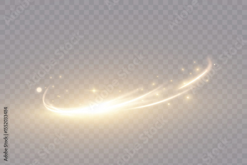 Golden curved light trails with orange glow effect on transparent background. Vector for dynamic graphics, digital overlays, holiday designs or dynamic glowing backgrounds.