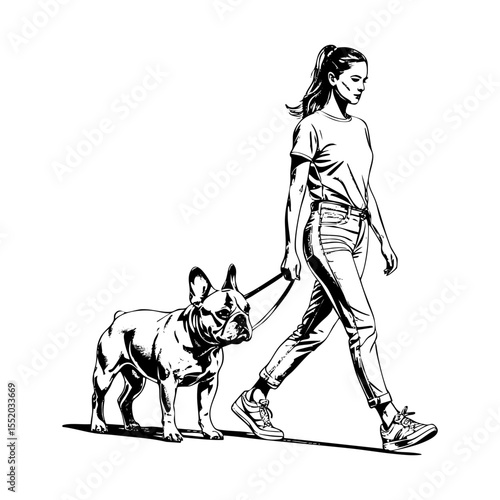 Woman walking her dog sketch engraving black and white outline. Scratch board imitation. illustrated in vintage line art style on a white background.