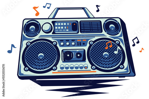 Music design - playing retro boom box tape recorder and musical notes