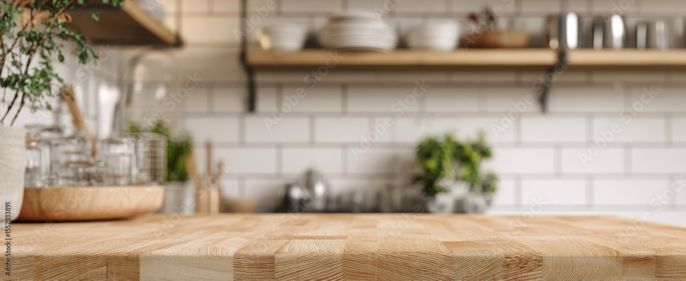 The warm wooden countertop in a modern kitchen setting with stylish decor. The warm wooden countertop in a modern kitchen setting with stylish decor.