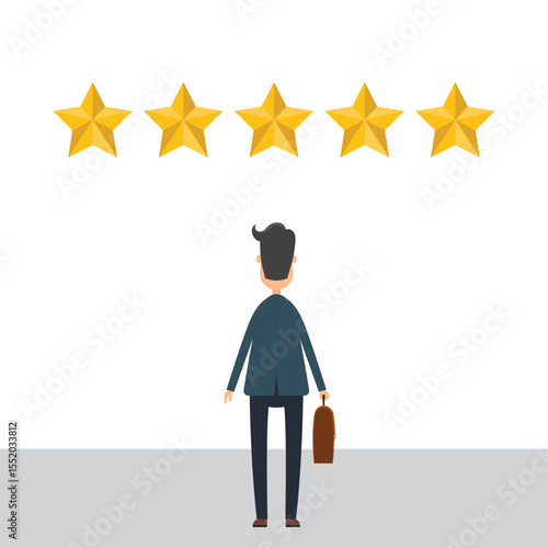 A business professional stands beneath five golden stars, symbolizing excellent rating and quality performance. The backdrop is a clean white, creating a minimalist and focused scene.