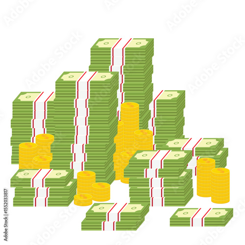 A vibrant, eye-level illustration featuring piles of green cash and stacks of golden coins against a clean, white backdrop, suggesting wealth, savings, and financial success.